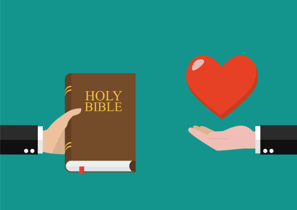 Man give holy bible to others and receive love back Man give holy bible to others and receive love back. Vector illustration crosses with jesus clip art stock illustrations