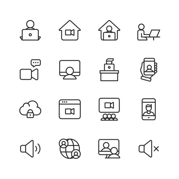 Video Conferencing Line Icons. Editable Stroke. Pixel Perfect. For Mobile and Web. Contains such icons as Camera, Video Chat, Online Messaging, Video Conference, Webinar, Remote Work, Teamwork, Remote Learning, Freelancer, Work from Home. 16 Video Conferencing Outline Icons. Camera, Video Chat, Online Messaging, Video Messaging, Video Call, Video Conference, Webinar, Remote Work, Working with Team, Smart Working, Teamwork, Video Conference Equipment, Business Team in Video Conference, Business People Communicating using Video Application, Remote Learning, Global Workforce, Computer Network, Wifi, Freelancer, Stay Home, Work from Home. professional video camera stock illustrations