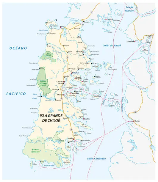 Vector illustration of Vector road map of the Chilean island of Chiloe, Chile