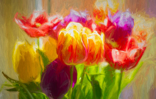 разноцветные тюльпаны в связке - painterly effect фотографии стоковые фото и изображения