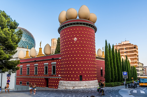 Figueres, Spain - August 28th, 2019: Dali Museum in Figueres, Spain. Museum was opened on September 28, 1974 and houses largest collection of works by Salvador Dali. Special events in August 2019 and 2020: Dali by night.
