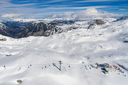 Winter in Dachstein Krippenstein mountains in Obertraun, Austria aerial drone photo view