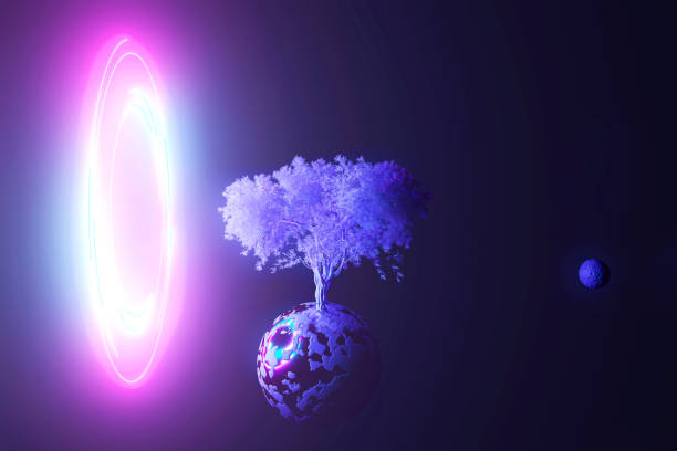 istock Abstract neon background, mystical space planet with a tree sprouted on it in the light of pink blue ultraviolet light glowing ring round frame, 3d dark illustration with copy space 1250618276