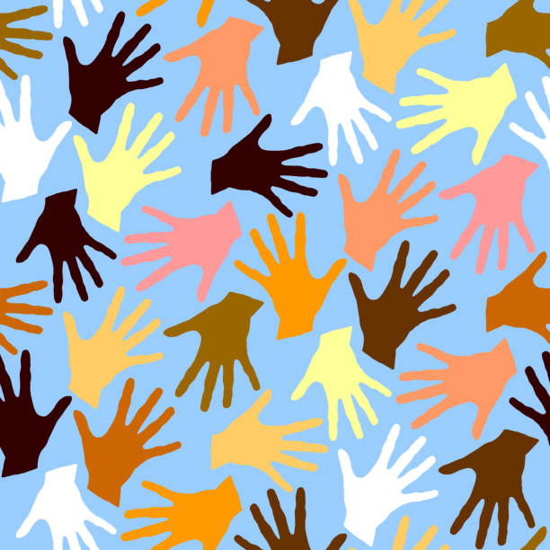 istock Seamless pattern with palm prints. Symbol of racial and national equality, friendship, happy childhood, world peace, unity of peoples and globalization 1250618317