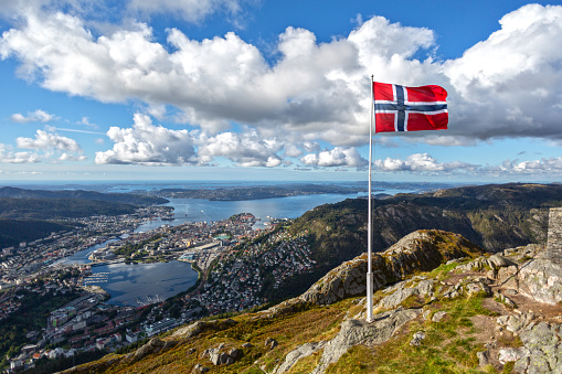Amazing Landscape, Aerial View Bergen, Mount Floyen Viewpoint and Norway Flag in Bergen ,Norway