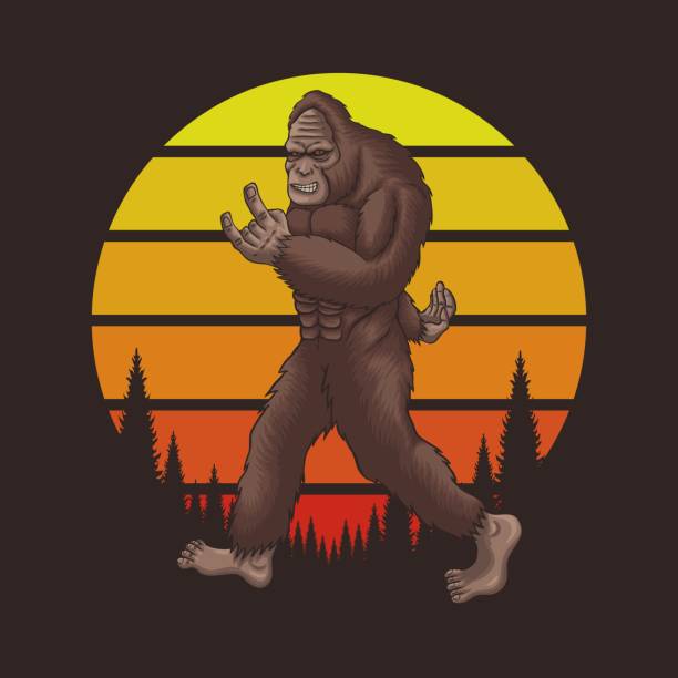 bigfoot rocker retro sonnenuntergang vektor illustration - cartoon monkey animal tree stock-grafiken, -clipart, -cartoons und -symbole