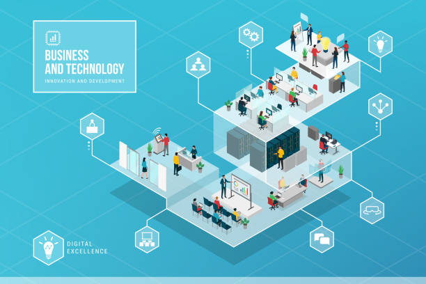 illustrazioni stock, clip art, cartoni animati e icone di tendenza di infografica isometrica sull'innovazione aziendale e la tecnologia - office furniture open plan desk