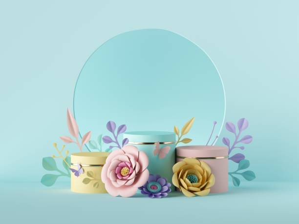 istock 3d render abstract blue botanical background. Blank poster mockup. Round frame with pastel colorful craft paper flowers, floral arch. Shop product display showcase stand, empty podium, vacant pedestal 1250626289