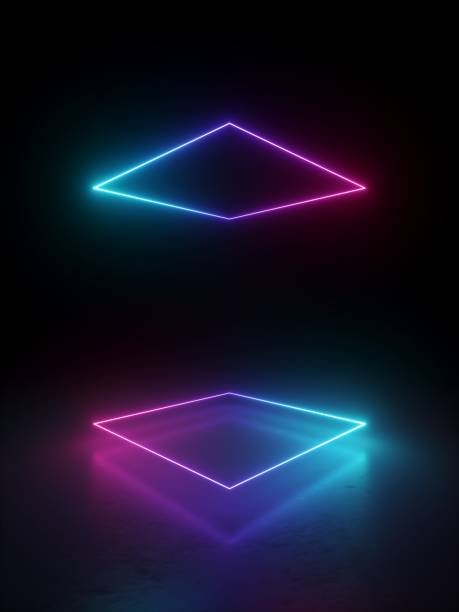 istock 3d render, abstract minimal geometric background. Glowing neon lines. Stage laser show illumination. Blank rectangular shapes, square frames, virtual reality with copy space 1250626420