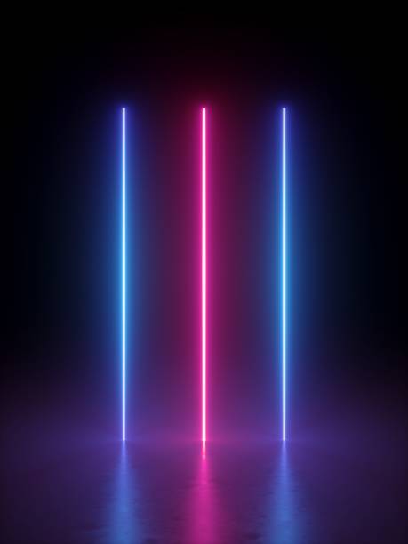 istock 3d render, abstract vertical neon lines glowing in the dark. Laser rays virtual performance on the stage. Minimal geometric design. 1250626463