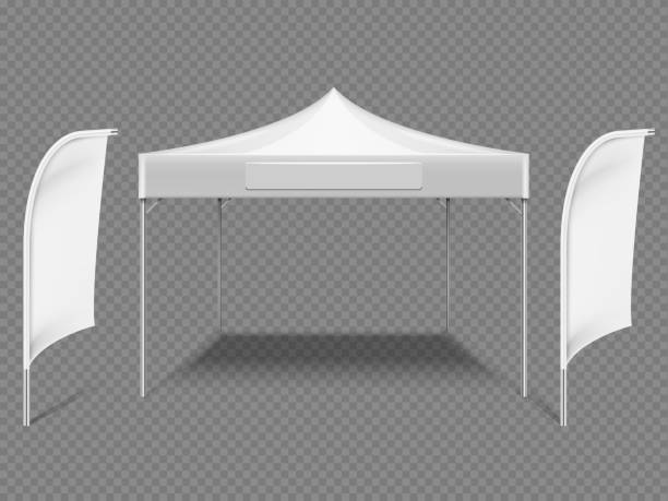 istock White promotional advertising outdoor event tent with beach flags. 3d realistic vector mock up isolated on transparent background 1250626540