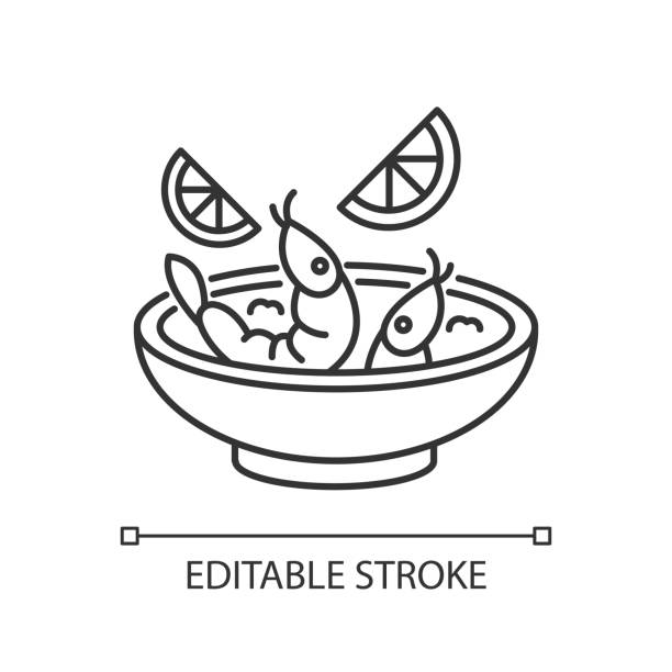 Ceviche pixel perfect linear icon. Peruvian national dish. Latin american cuisine main course. Thin line customizable illustration. Contour symbol. Vector isolated outline drawing. Editable stroke Ceviche pixel perfect linear icon. Peruvian national dish. Latin american cuisine main course. Thin line customizable illustration. Contour symbol. Vector isolated outline drawing. Editable stroke prawn animal stock illustrations