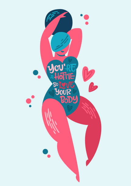 Body positive lettering design. Hand drawn inspiration phrase on a plus size women character - You're a hottie so love your body. Body positive lettering design. Hand drawn inspiration phrase on a plus size women character - You're a hottie so love your body. Curvy dancing girl. youre beautiful quotes stock illustrations