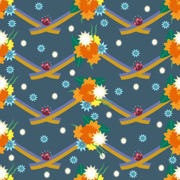 Vector illustration of Midsummer festival background. Vector seamless pattern with summer meadow flowers and maypole. National Sweden holiday Midsommar.