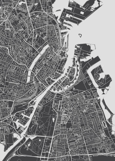 ilustraciones, imágenes clip art, dibujos animados e iconos de stock de mapa de la ciudad copenhague, plan detallado monocromo, ilustración vectorial - denmark map copenhagen cartography