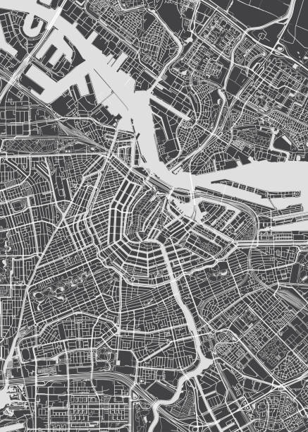 şehir haritası amsterdam, tek renkli detaylı plan, vektör illüstrasyon - amsterdam stock illustrations