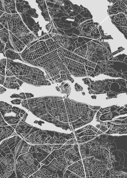 도시지도 스톡홀름, 흑백 상세 계획, 벡터 일러스트레이션 - sweden map stockholm vector stock illustrations