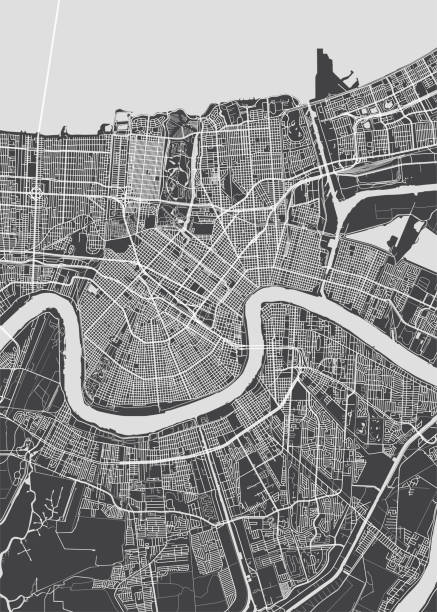 ilustrações de stock, clip art, desenhos animados e ícones de city map new orleans, monochrome detailed plan, vector illustration - mississippi river