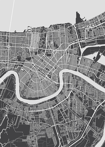 City map New Orleans, monochrome detailed plan, vector illustration