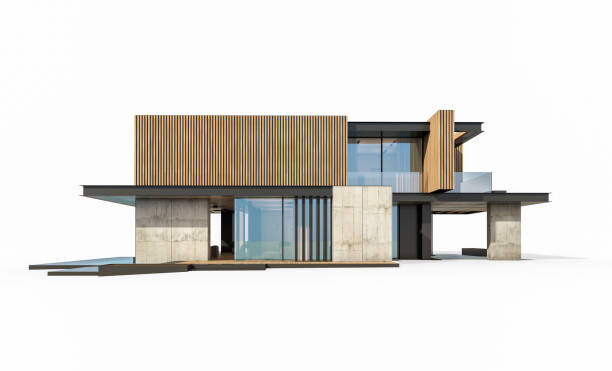 istock 3d rendering of modern house with wood plank facade isolated on white 1250633220