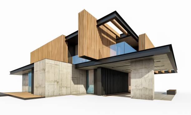 istock 3d rendering of modern house with wood plank facade isolated on white 1250633266