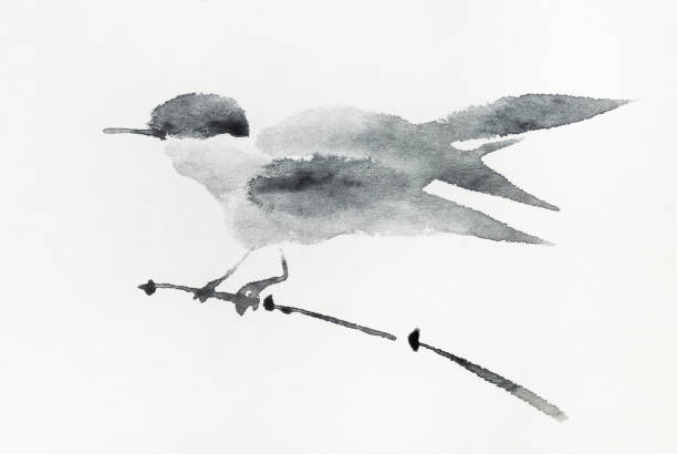 istock bird on twig of reed hand-drawn by gray ink 1250634406