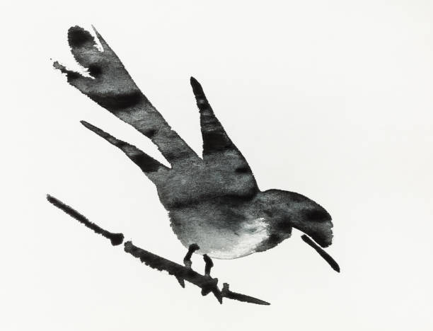 istock bird on twig of reed hand-drawn by black ink 1250634435
