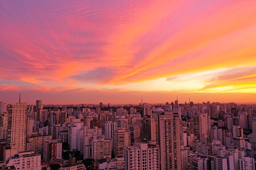 Panoramic view of sunset in the city life scene. Great landscape.