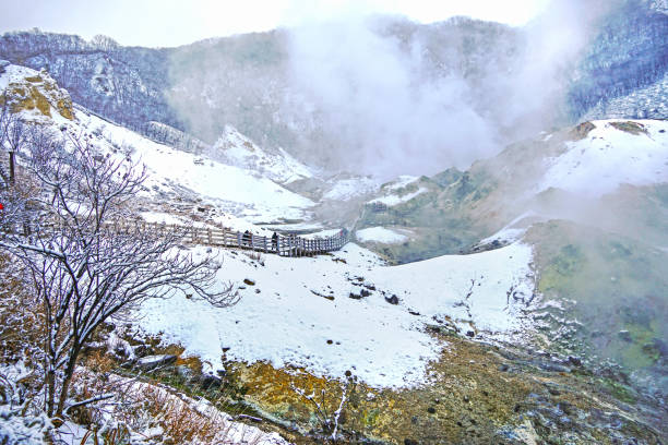 가고쿠다니(지옥 계곡) 끓는 황온천, 화산증기 깃털, 하이킹 코스가 있는 극적인 분화구. 이 지옥 계곡은 일본 노보리베츠에 정착합니다. - hokkaido japan stream forest 뉴스 사진 이미지