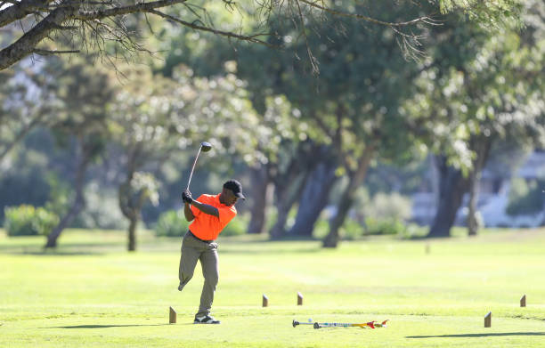 A one legged disabled golfer in action on the golf course. stock photo