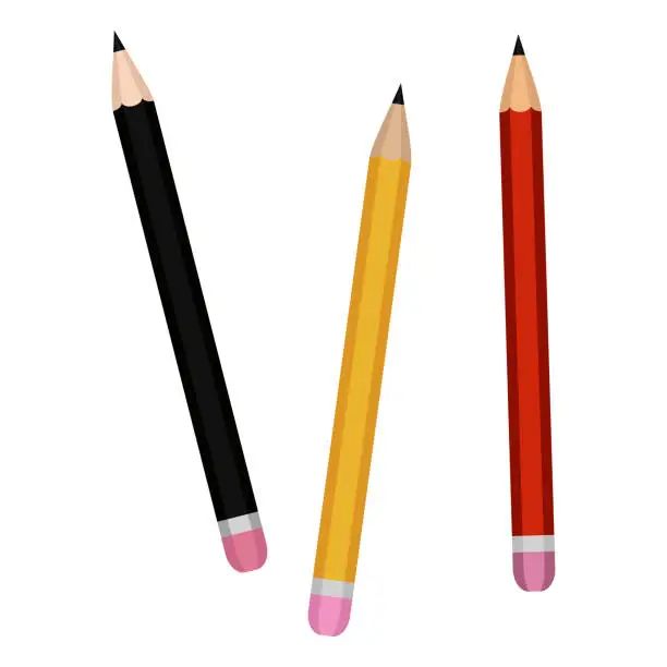 Vector illustration of Three different colored pencils. A stationery item for writing and drawing. Vector illustration in a simple flat style for design and web.