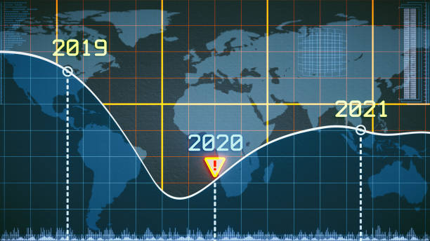 illustrazioni stock, clip art, cartoni animati e icone di tendenza di design pixelato del grafico a linee incentrato sullo sviluppo finanziario ed economico intorno al 2020 con infografiche astratte e sfondo della mappa del mondo - stock market data finance chart home finances