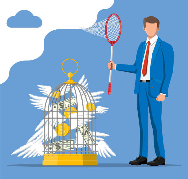 illustrations, cliparts, dessins animés et icônes de homme d’affaires avec le filet et la cage de papillon avec l’argent - bird netting cage birdcage