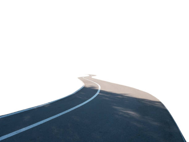 Turning black asphalt road with white stripe bicycle lane from surface view isolated