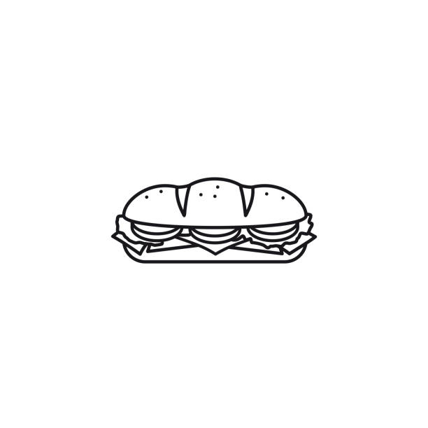 illustrazioni stock, clip art, cartoni animati e icone di tendenza di hoagie o sub con pomodoro, lattuga, prosciutto, icona della linea vettoriale isolata al formaggio - panino
