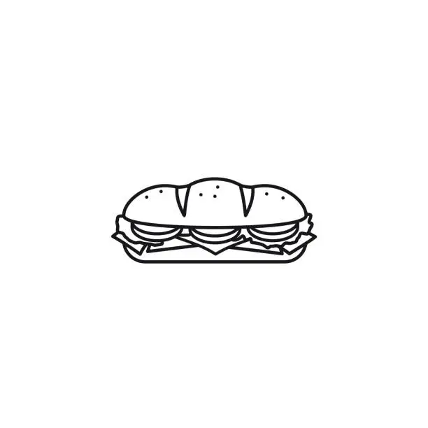 Vector illustration of Hoagie or sub with tomato, lettuce, ham, cheese isolated vector line icon