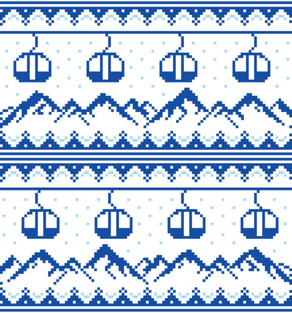 Mountains and gondolas ski, snowboard, hiking and climbing vector seamless pattern -  Fair Isle style traditional knitwear Scottish retro textile folk art background inspired by traditional patterns, repetitive ornament in blue and white christmas pattern pixel stock illustrations