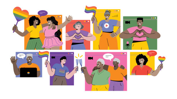 ilustraciones, imágenes clip art, dibujos animados e iconos de stock de celebrando el mes del orgullo en línea - happy people
