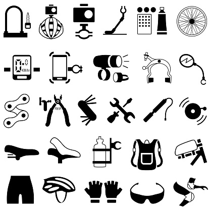 Single color isolated icons of bicycle equipment and accessories