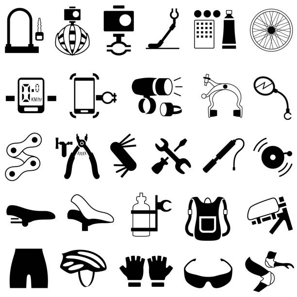 Bicycle products, equipment and accessories icons Single color isolated icons of bicycle equipment and accessories elbow pad stock illustrations