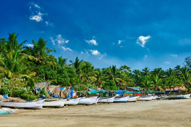 istock Beautiful beach with palms and boats. Goa, India 1250657981