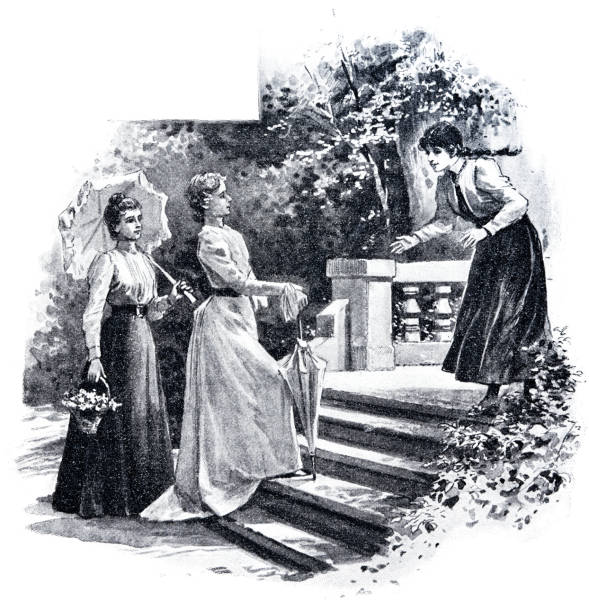 istock Woman on the staircase welcomes two other women 1250659931