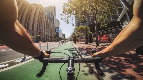 POV bicycle riding: man with road racing bike in San Francisco