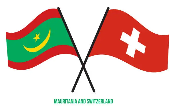 Vector illustration of Mauritania and Switzerland Flags Crossed And Waving Flat Style. Official Proportion. Correct Colors.