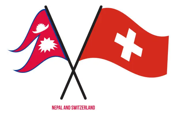 Vector illustration of Nepal and Switzerland Flags Crossed And Waving Flat Style. Official Proportion. Correct Colors.