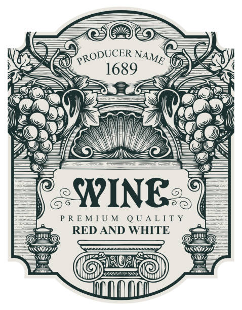 hand drawn wine label with a bunch of grapes Wine label with a grape bunches, a seashell, architectural column and inscriptions in a figured frame. Vector ornate hand-drawn label in baroque style fruit borders stock illustrations