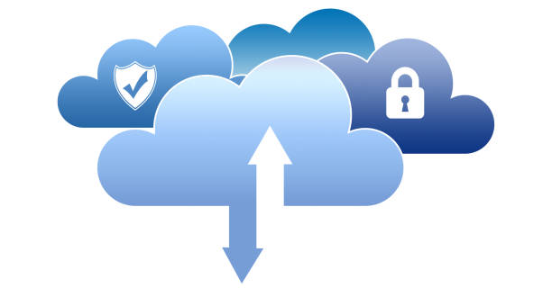 Public and hybrid clouds concept. Blue clouds with security logos and arrows introducing connectivity with on-premise infrastructure. Modern network architecture. genetic modification stock illustrations