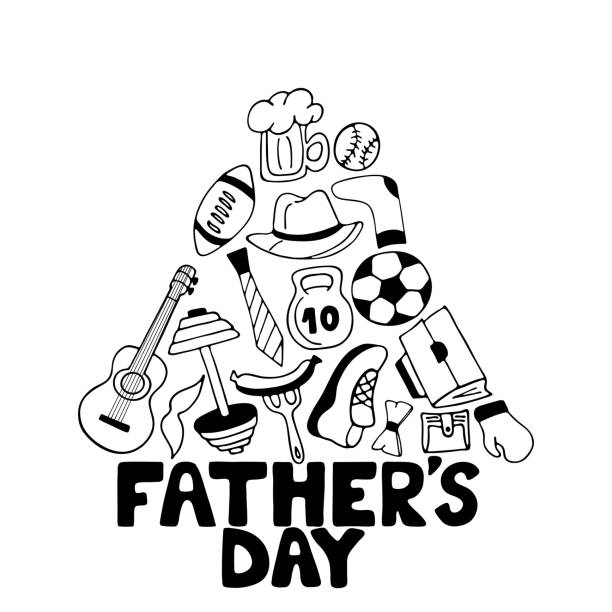 ilustrações de stock, clip art, desenhos animados e ícones de father's day doodle greeting card. men's sports games, accessories and items. - fork wrench