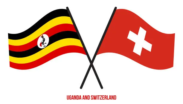 Vector illustration of Uganda and Switzerland Flags Crossed And Waving Flat Style. Official Proportion. Correct Colors.