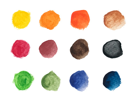 Set of colorful watercolor hand painted round shapes, stains, circles, blobs isolated on white.